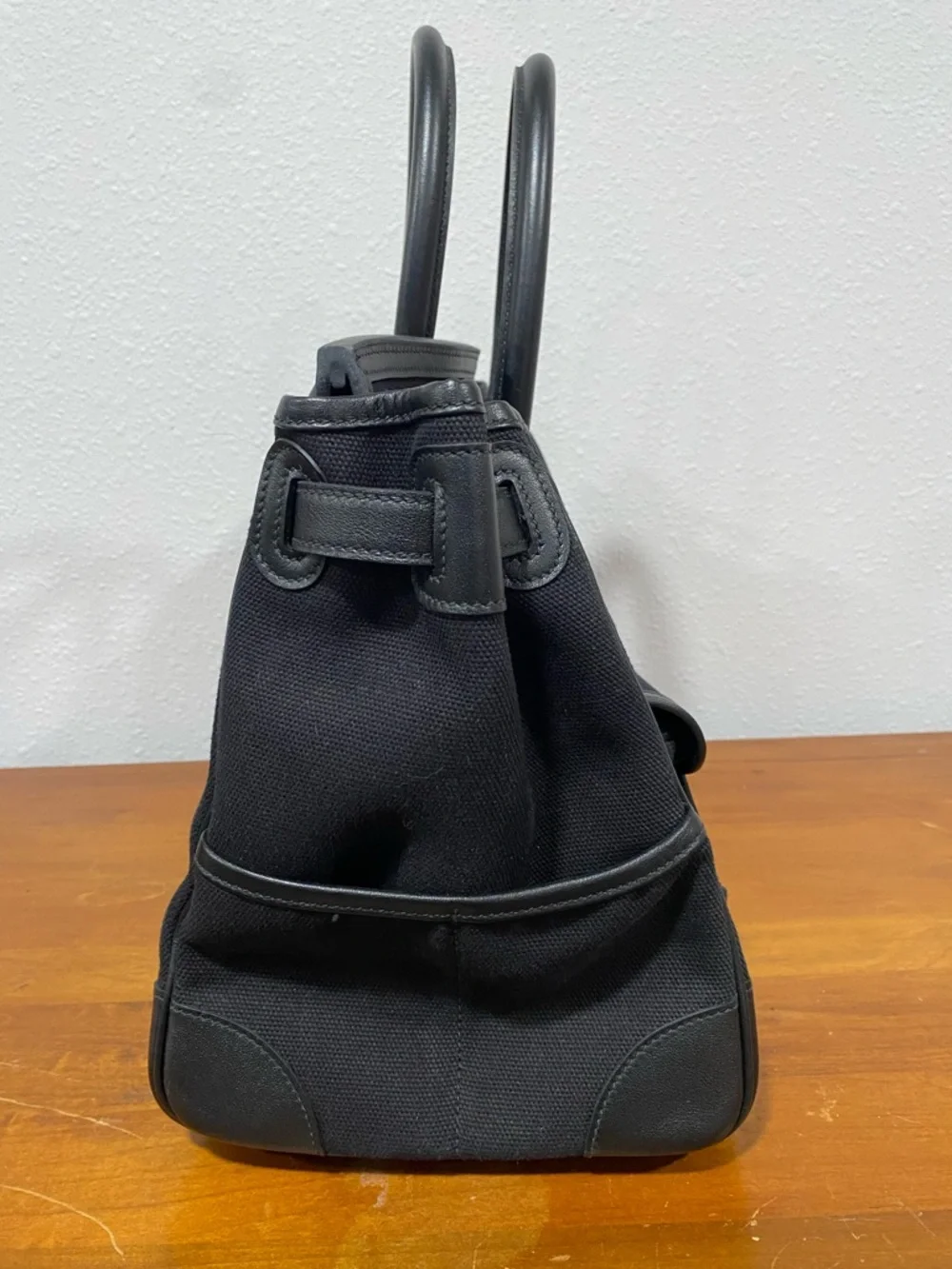 Black Leather-Trim Canvas Tote Bag with Silver Hardware - Picture 5 of 9